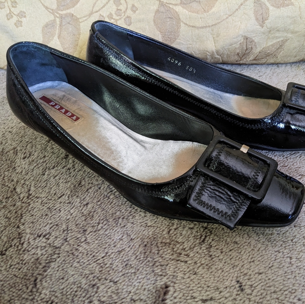 PRADA black slip-ons, kitten heel, good used condition, sz 8.5